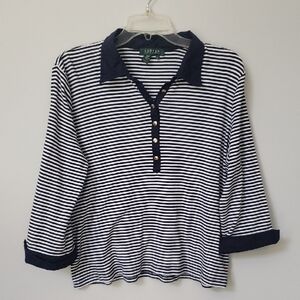 Ralph Lauren Top Womens XL Navy & White Striped Popover Collared V Neck Henley